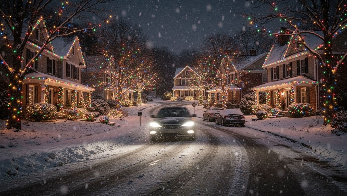 Curvy street with three houses glowing in colorful Christmas lights, parked cars, light snowfall on winter night.
