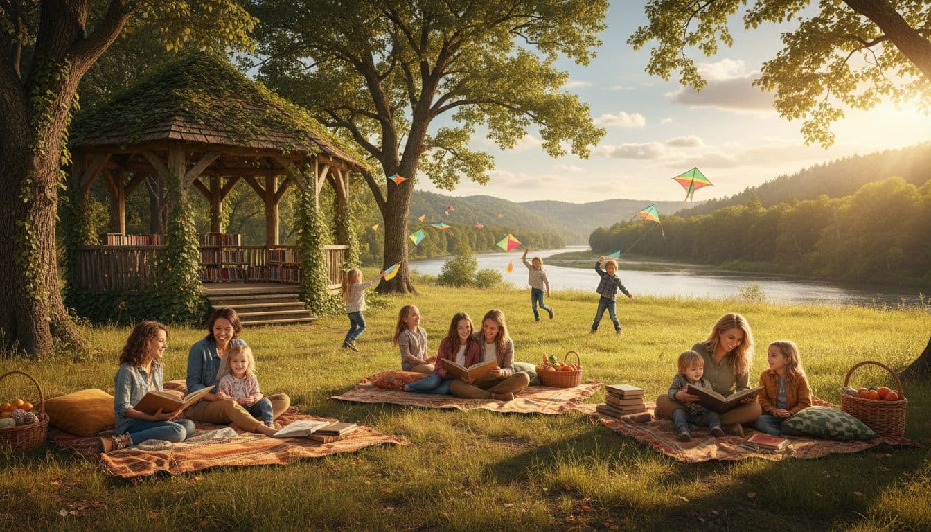 Outdoor library pavilion bustling with families picnicking and reading books under shady trees, children joyfully running with kites, picnic blankets spread out, distant river view on a sunny day.