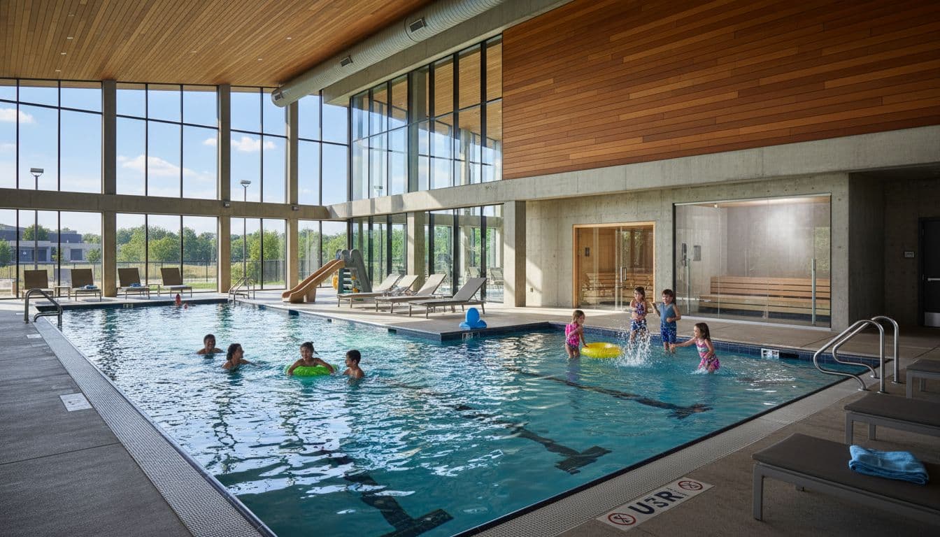 Families swim laps and kids play in the splash area at the R.C. Durr YMCA's indoor and outdoor pools in Boone County, Kentucky, with a cheerful atmosphere, lounge chairs, and sauna nearby.