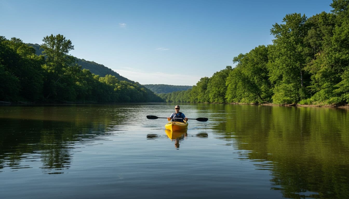A relaxed beginner paddles a stable sit-on-top kayak on the calm waters of the Ohio River near Northern Kentucky, surrounded by lush green riverbanks under sunny afternoon light.