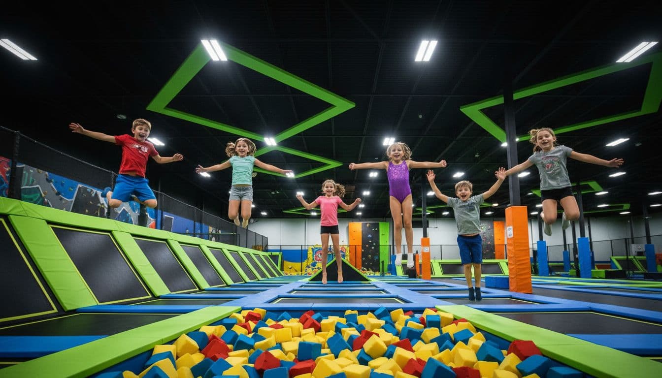 Exactly six children aged 5-9 jumping high on colorful interconnected trampolines in a bright indoor gym with padded walls and foam pit, dynamic mid-air action from low angle with joyful expressions.
