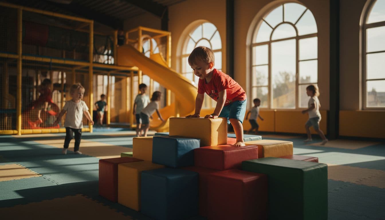 A single 2-3 year old toddler climbs on colorful soft play blocks in a bright indoor playground gym, with blurred children in the background and wide-angle view of slides and tunnels under warm natural lighting.