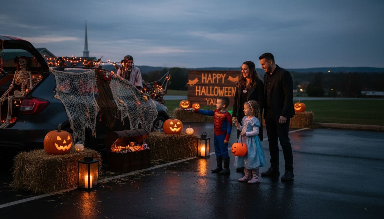 Family of four in costumes reaches for candy from decorated car trunk amid pumpkins and hay bales in church lot.