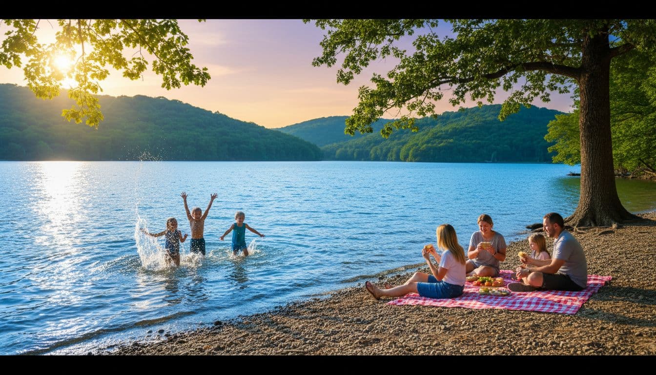 Clear blue lake nestled in Kentucky hills with families swimming and playing in shallow water near pebbly shore, summer sunlight filtering through trees, rolling green hills in background, relaxed cinematic golden hour atmosphere.