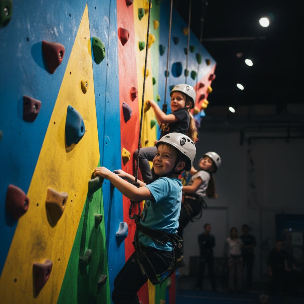 Young children wearing safety harnesses navigate a vibrant, multi-colored rock climbing wall inside a professional gym. Focused on their grip, the scene highlights active movement under dramatic and high-contrast studio lighting.