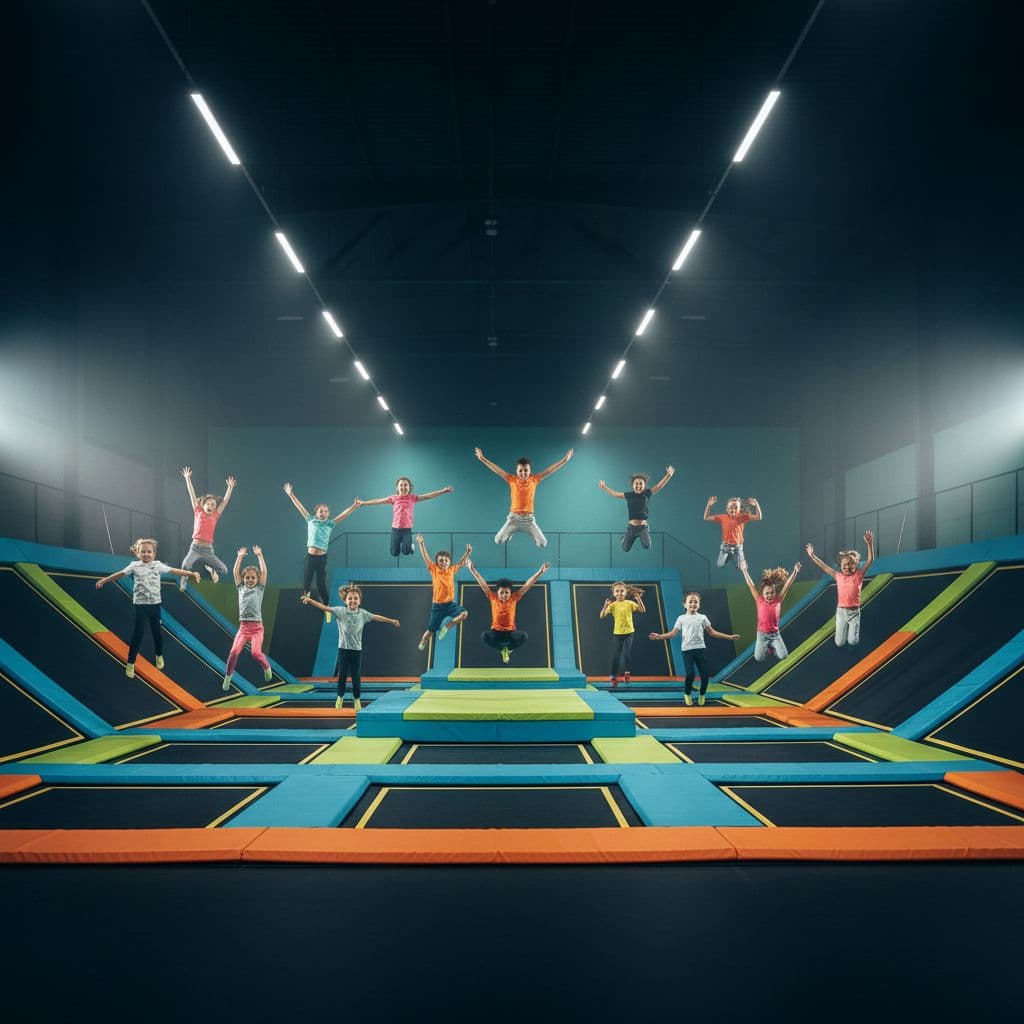 Group of children jumping on interconnected trampolines within a brightly lit indoor adventure park.