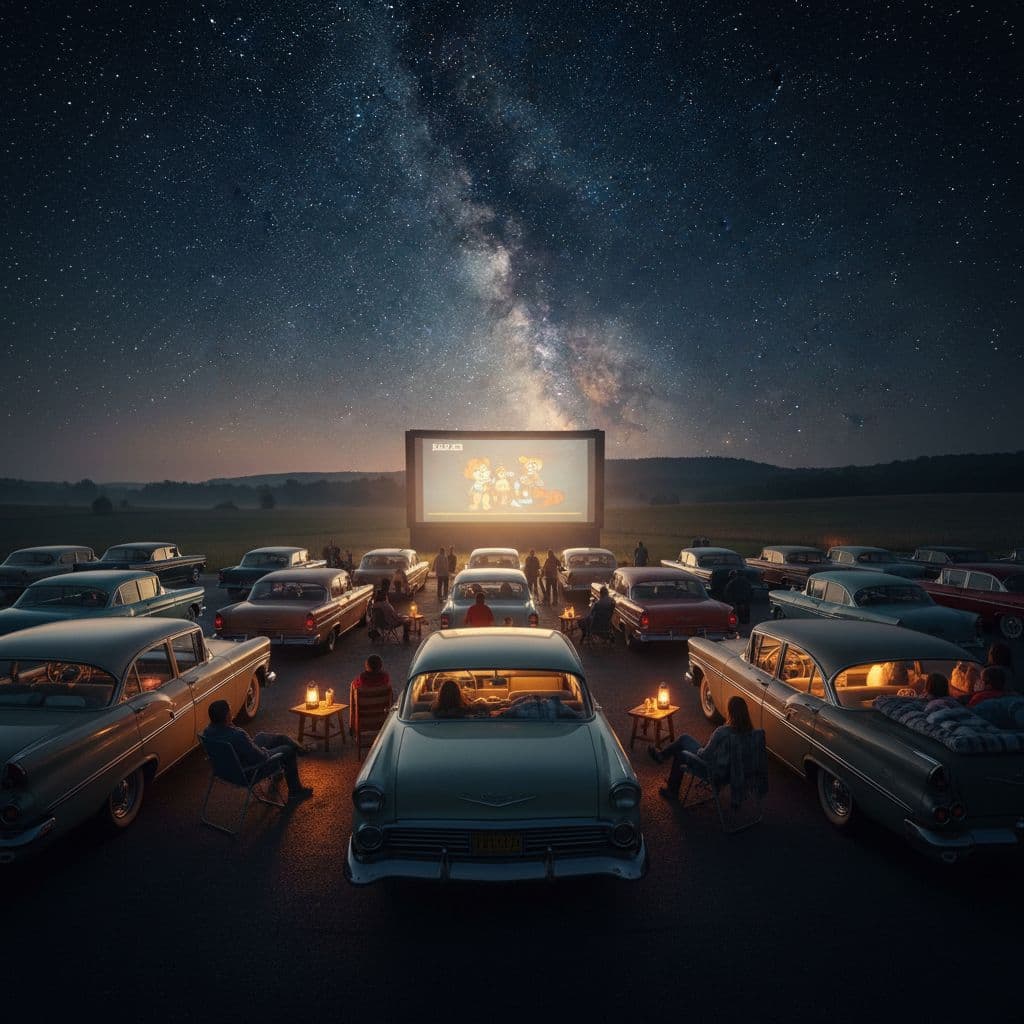 Families relax in folding chairs and parked cars before a glowing distant screen under a starry night sky. The scene features warm interior cabin lights and soft landscape illumination throughout.