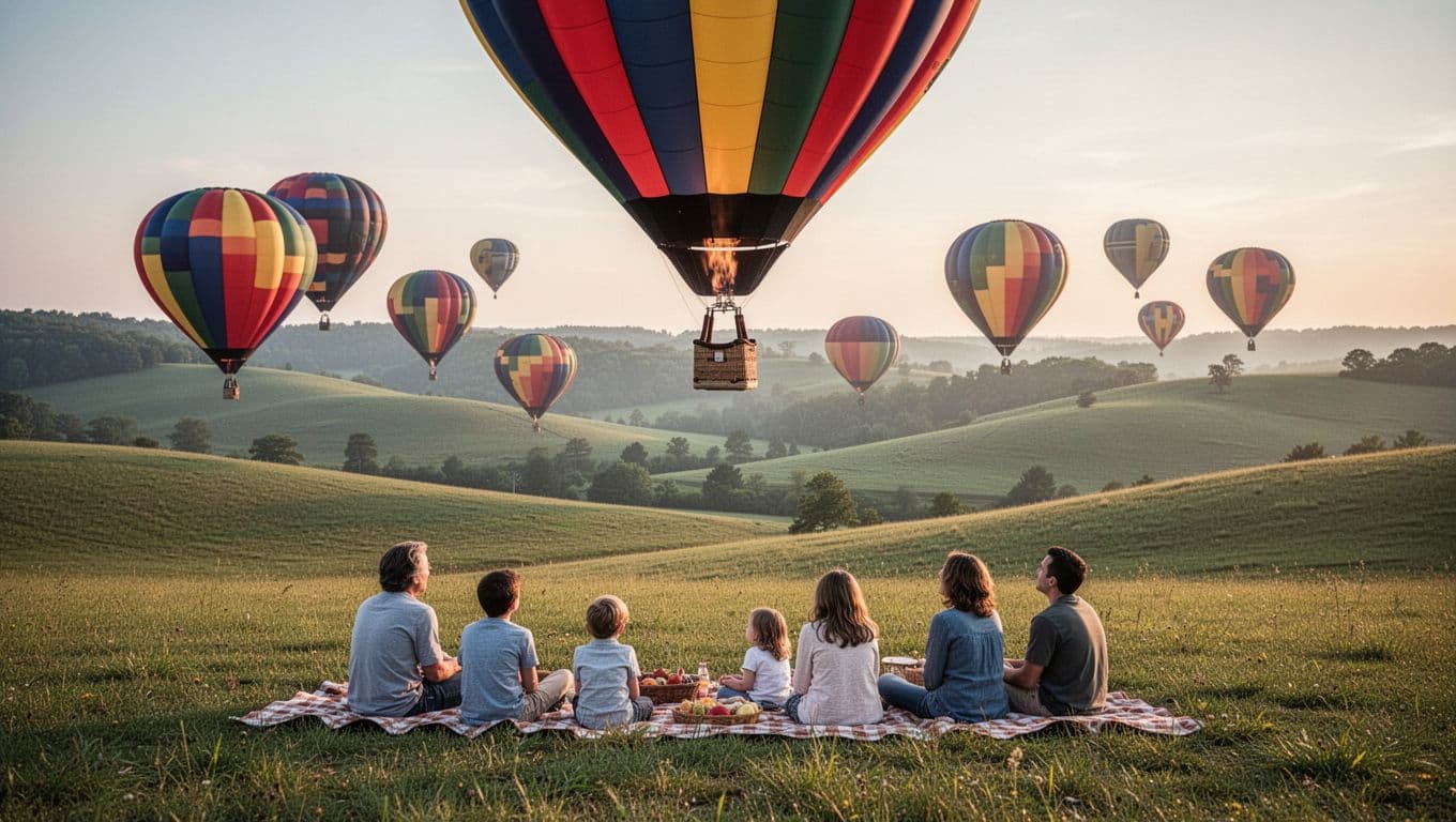 Colorful hot air balloons inflate and launch over green rolling hills at dawn as two families picnic below.