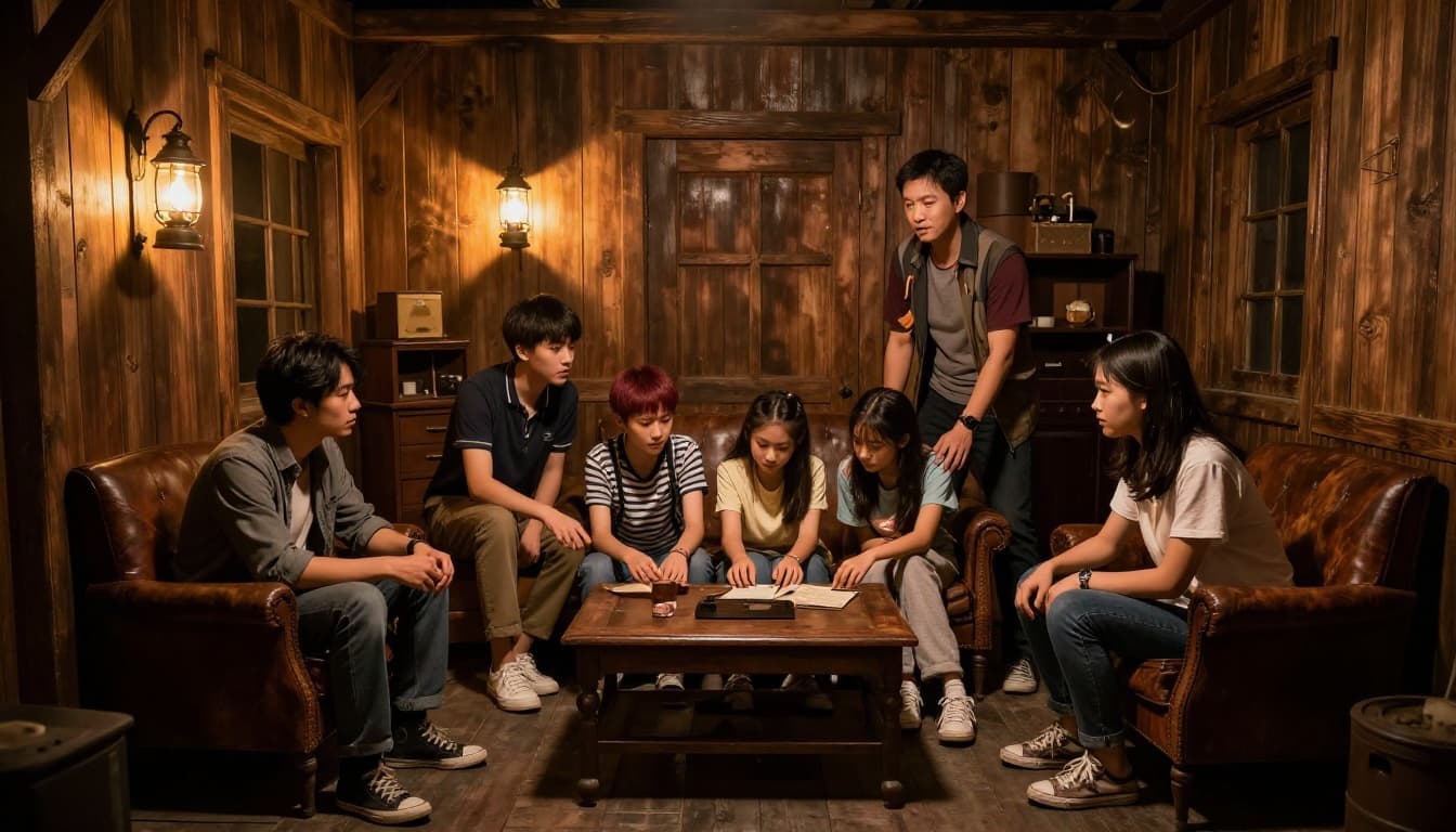 Family of five including parents and teens hunts clues in wooden-walled rustic cabin with lantern shadows.