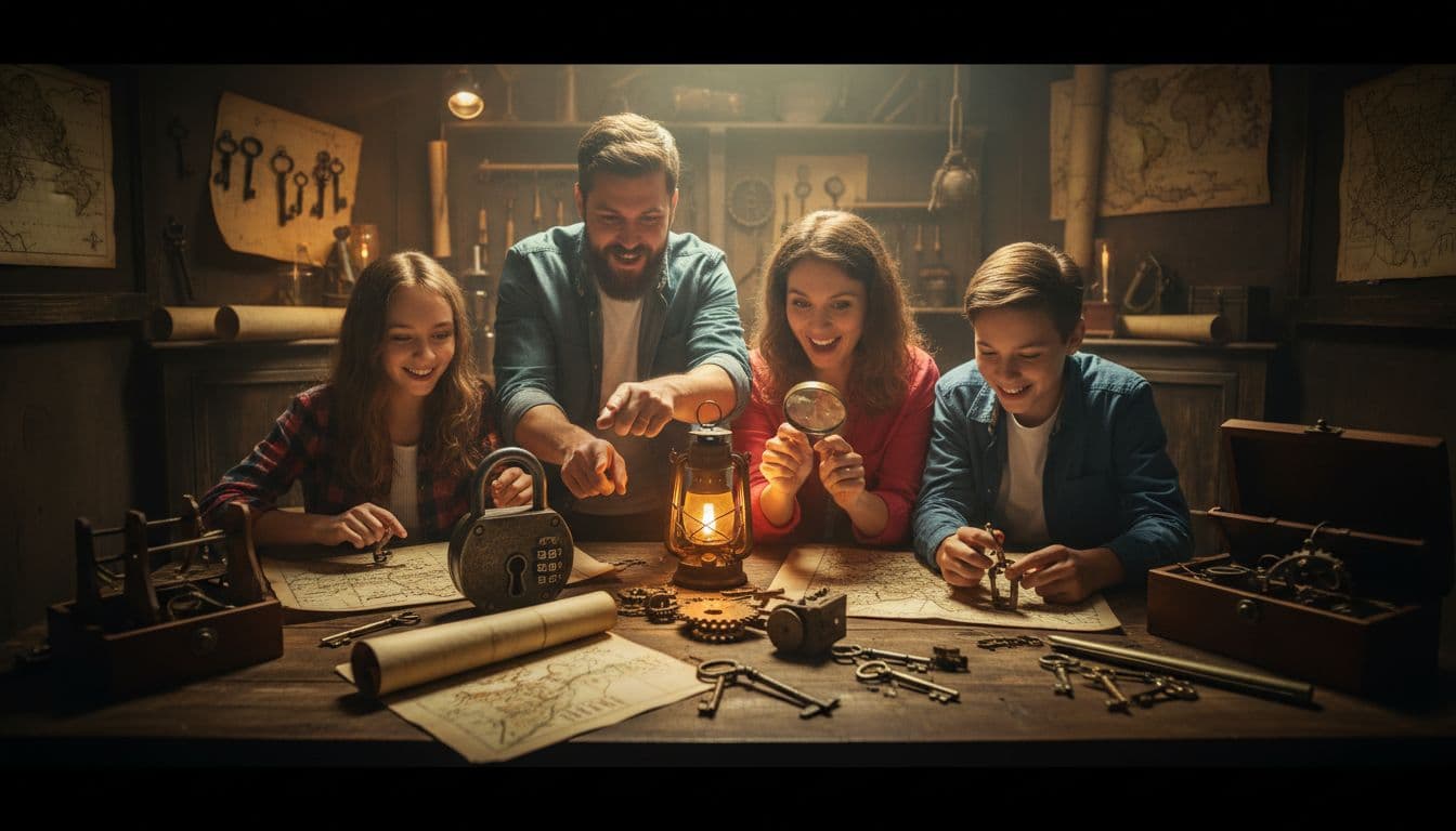 Two adults and two teens collaborate on locks and clues at wooden tables in a dimly lit escape room.