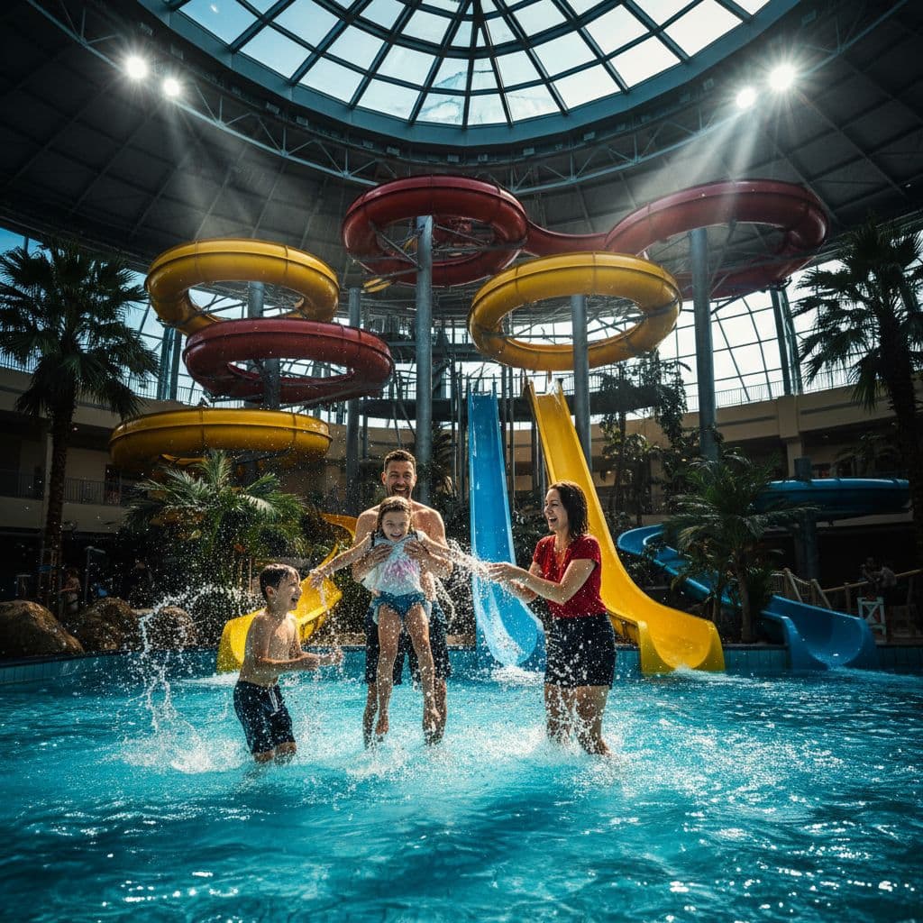 A cheerful family of four plays in a bright indoor pool facility featuring towering colorful slides and sparkling blue water. Sunlight filters through overhead windows creating a vibrant and energetic atmosphere.