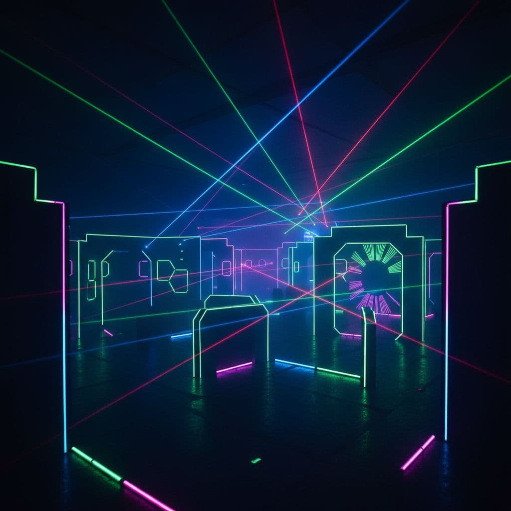 A dark indoor laser tag arena features glowing neon obstacles and vibrant laser beams cutting through thick atmospheric haze.