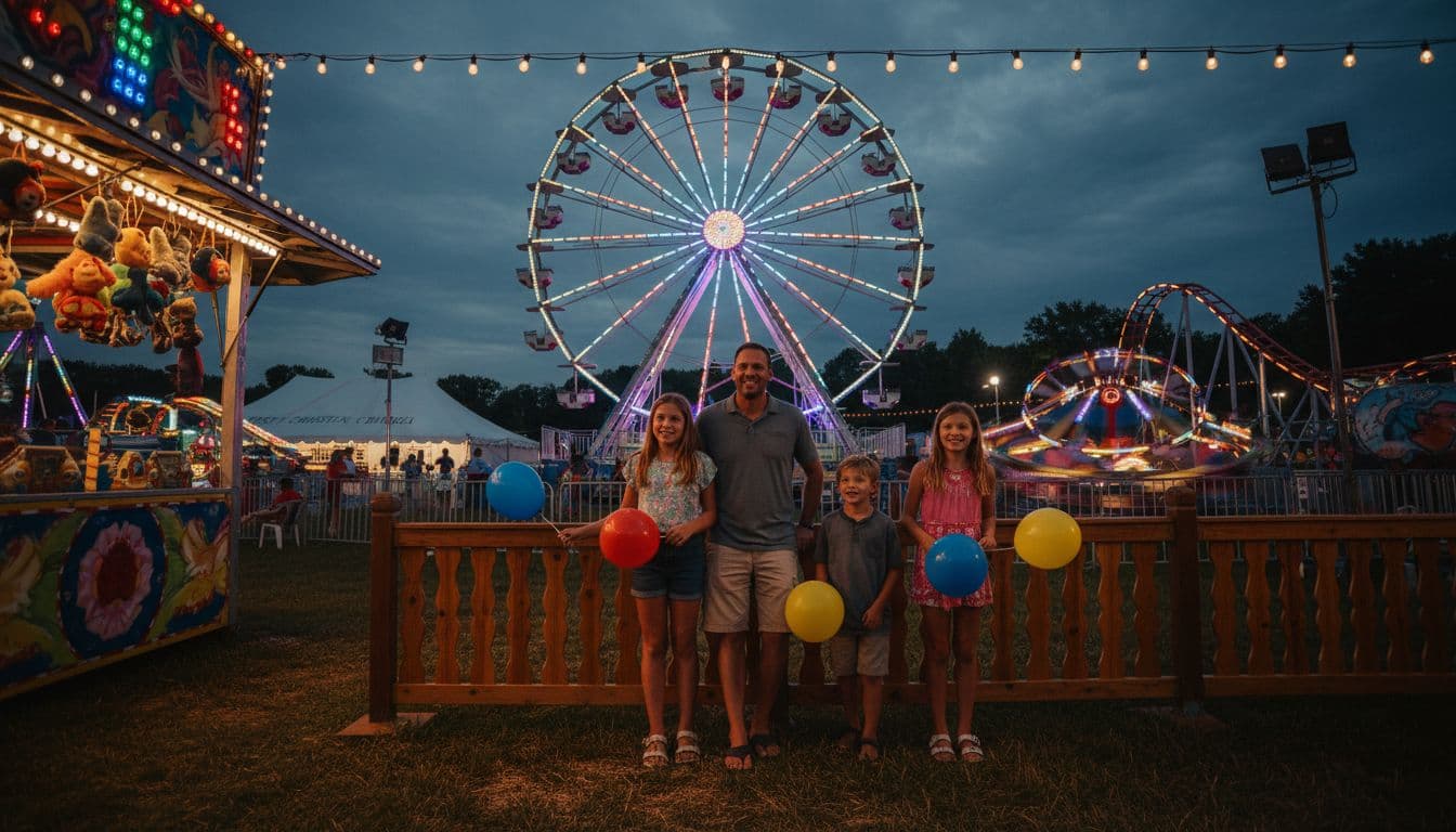 Family of five at games booth with balloons watches colorful lit Ferris wheel at evening church carnival.