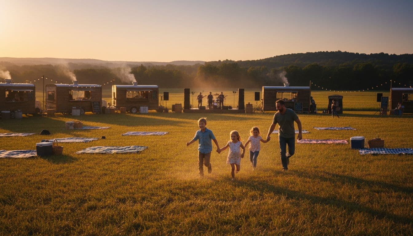 One family of four in field at dusk farm festival, kids run toward musicians stage, food trucks and picnic blankets behind.