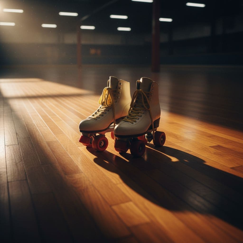 A pair of vintage-style leather roller skates rests on a polished wooden floor. Warm, cinematic golden light casts dramatic shadows across the smooth planks, highlighting the texture of the wheels.