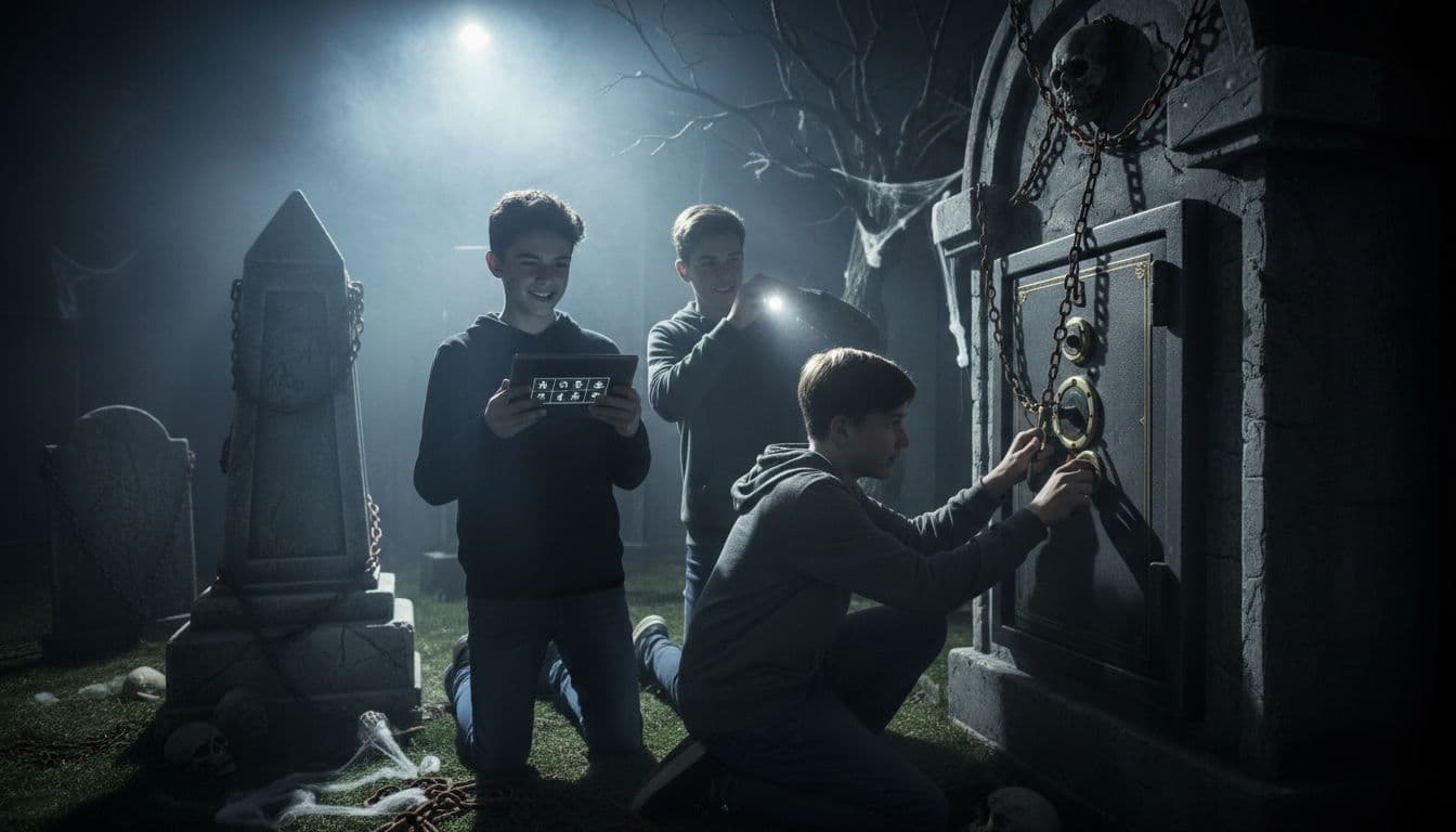 Three teens crack codes to unlock a safe amid tombstones and chains in a nighttime graveyard escape room.