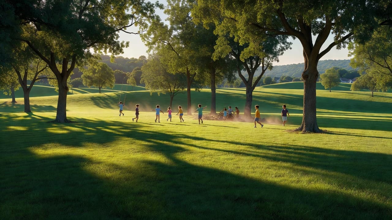 Children play on a sprawling green lawn beneath the leafy canopy of mature trees during a sun-drenched afternoon. Tall oaks cast long shadows across the vibrant suburban landscape in rural Kentucky.