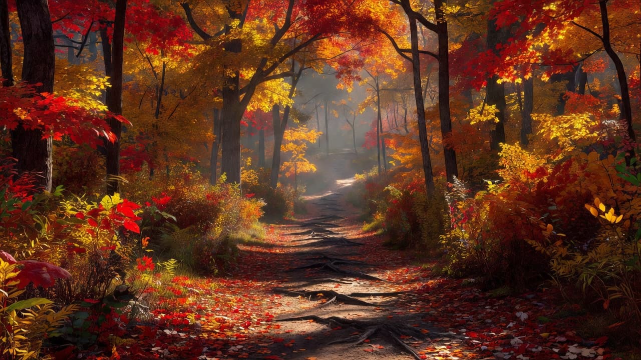 A winding dirt trail snakes through a dense forest in Northern Kentucky, surrounded by glowing golden maple trees. Golden sunbeams pierce the canopy, illuminating fallen leaves scattered across the quiet path.