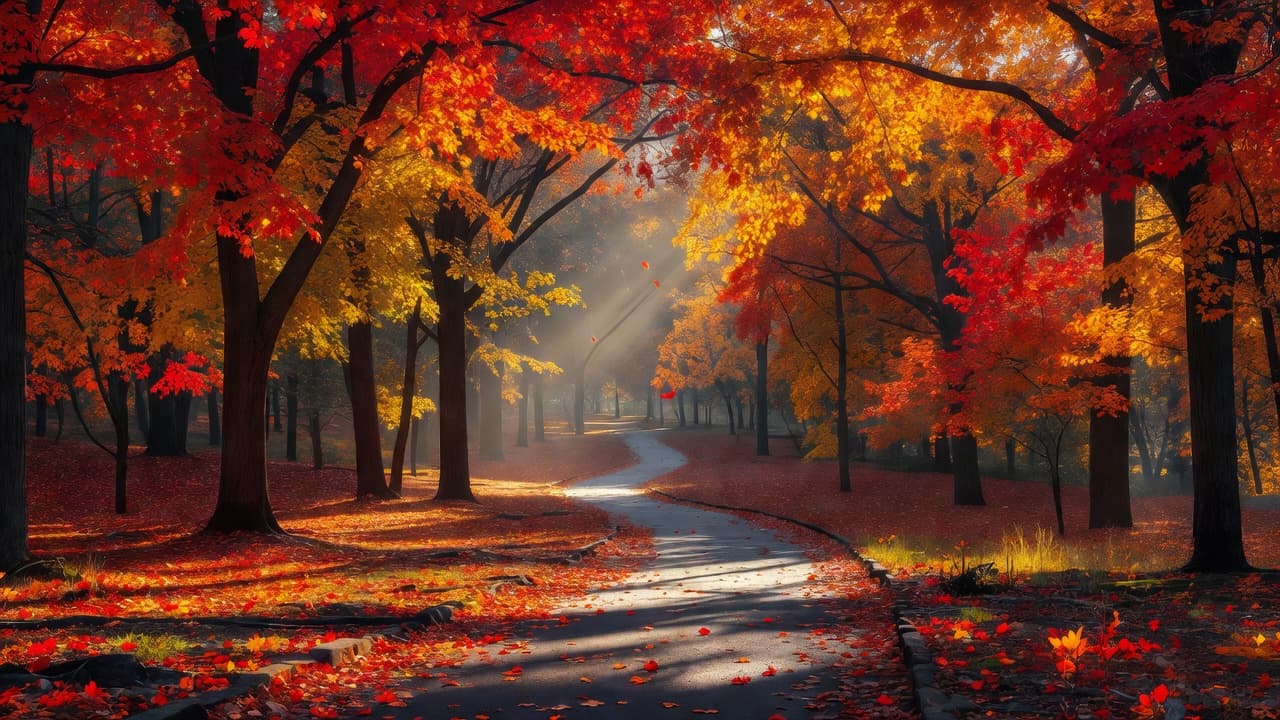 Vibrant red and golden maple trees frame a paved walking path under a lush forest canopy. Soft, dramatic sunlight filters through the colorful leaves, casting long shadows across the quiet trail.