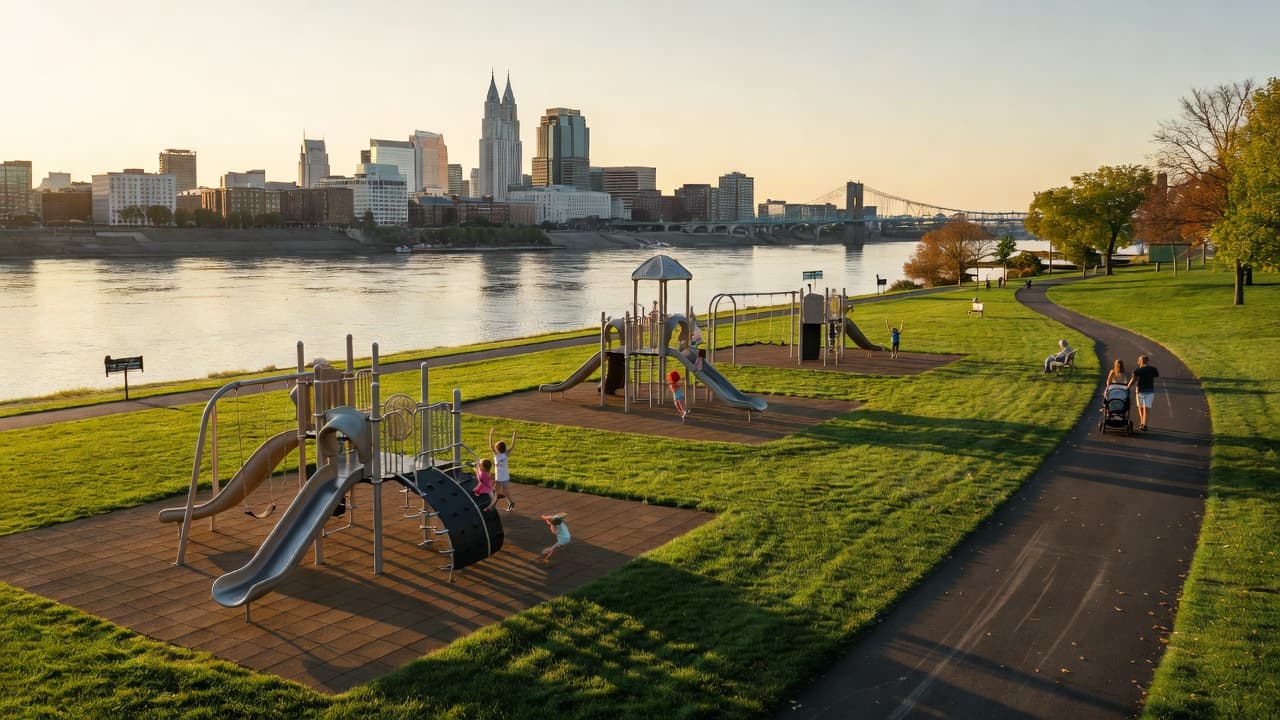 A vibrant public park features a modern playground nestled on lush green lawns beside the Ohio River. A paved path follows the water, revealing a panoramic view of Cincinnati city skyline.