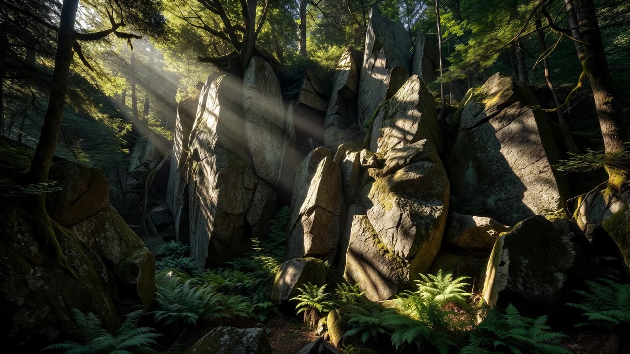 Massive stone cliffs tower above a dense forest floor covered in vibrant green ferns. Bright sunbeams pierce through the dense canopy to illuminate jagged rock textures while deep shadows linger nearby.