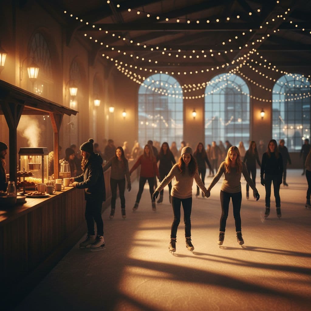 Skaters glide across the polished ice surface while warm overhead lights illuminate the rink. A small snack bar is visible along the side wall, providing a cozy atmosphere for guests.