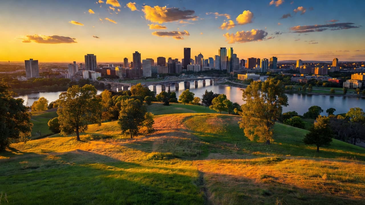 A grassy hill in the foreground overlooks a wide river flowing toward a distant urban skyline during a vibrant sunset. Warm golden light hits the slope while deep shadows contrast buildings.