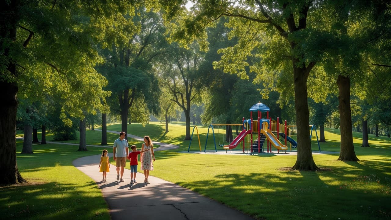 A family walks along a paved path in a vibrant green Kentucky park under soft summer sunlight. Tall trees frame the landscape, while a clean playground sits in the distant background.
