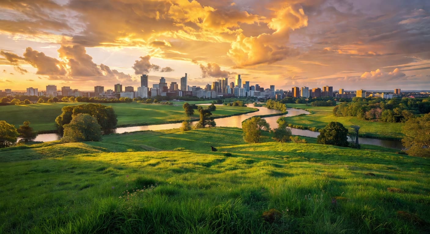 A lush foreground of rolling green grass slopes downward toward a wide, winding river that snakes through the landscape. In the distant horizon, a dense city skyline glows under golden sunset light.