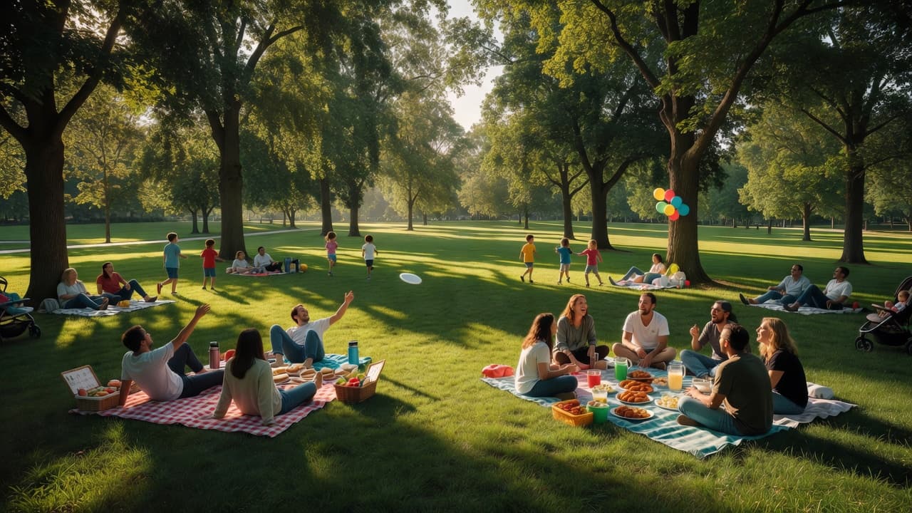 Several families gather on blankets spread across a lush green lawn beneath the sprawling branches of mature shade trees. Soft sunlight illuminates the peaceful outdoor scene during a pleasant afternoon gathering.