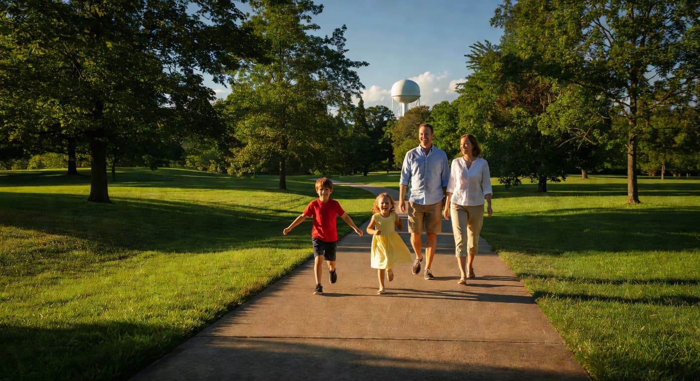 A family of four walks along a paved pathway surrounded by vibrant green foliage and trees in a Kentucky park. Dramatic sunlight illuminates the path, highlighting their cheerful expressions and movement.