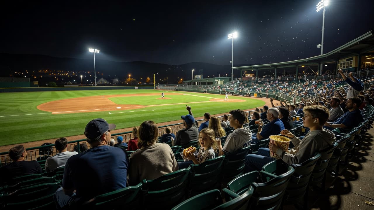 A happy family sits in the stadium bleachers during a vibrant night game in Kentucky. Bright stadium floodlights cast dramatic shadows across their faces while illuminating the green grass below.