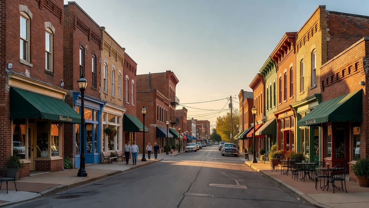 Vibrant brick storefronts line the sidewalk of a charming Kentucky town under a bright blue sky. Pedestrians walk past small boutique shops and outdoor cafe seating on a sunny afternoon.