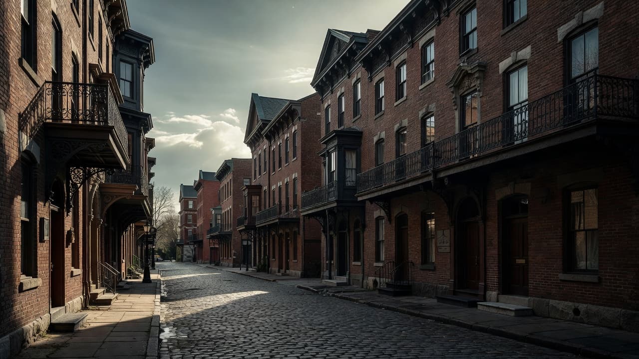 Well-preserved red brick townhouses line a quiet urban street under soft daylight. Ornate Victorian details and tall windows highlight the classic craftsmanship found throughout this quiet and charming Kentucky neighborhood.