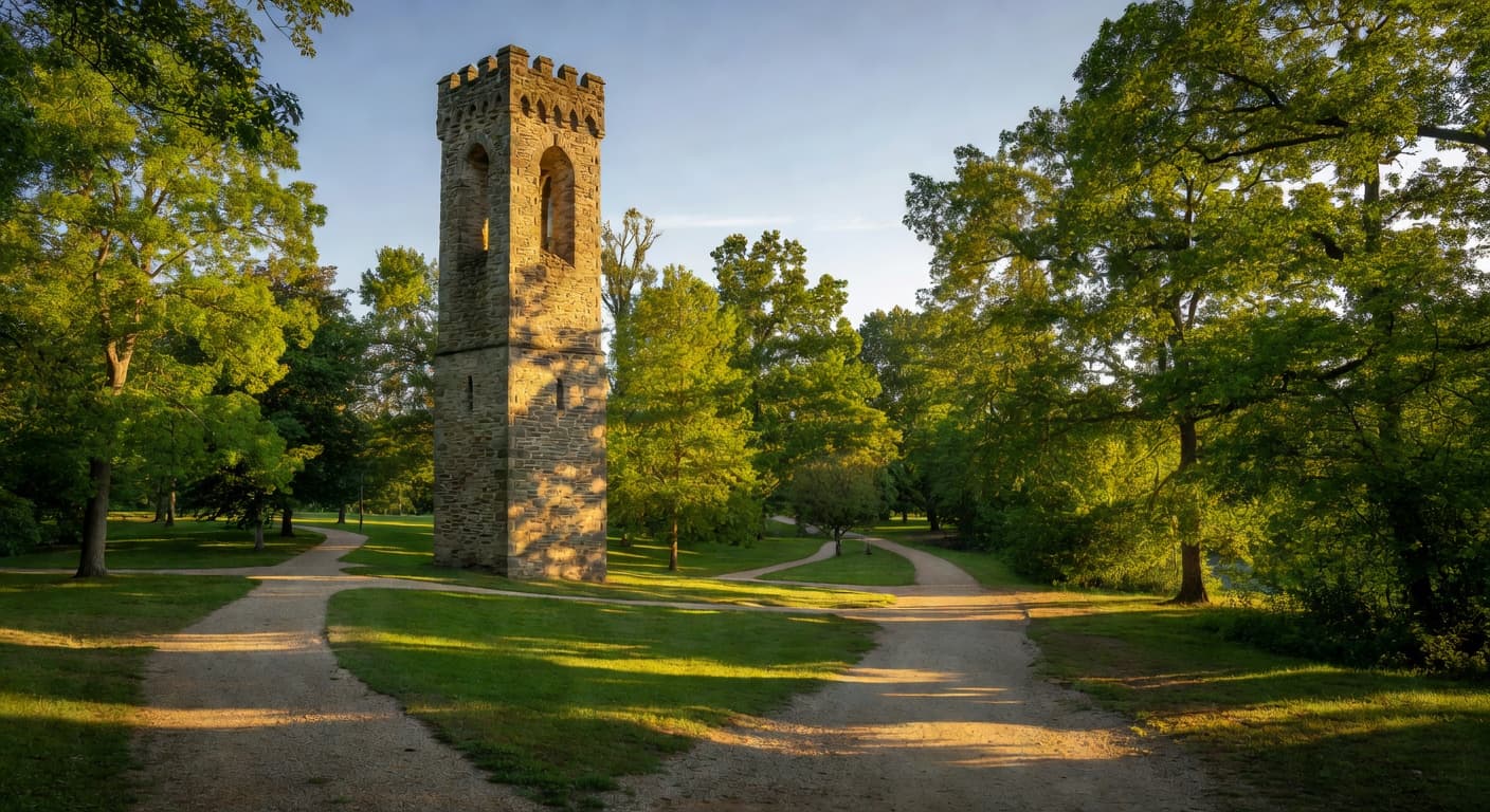 The majestic stone tower rises prominently above Tower Park, framed by vibrant green trees and winding pedestrian paths. Soft golden sunlight emphasizes the textured masonry while long afternoon shadows stretch across grass.