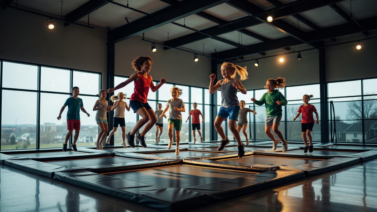 Grouped children leap mid-air across interconnected large trampolines within a sleek indoor facility. Dramatic lighting casts sharp shadows, highlighting their energetic expressions against the dark, modern architecture of the recreational space.