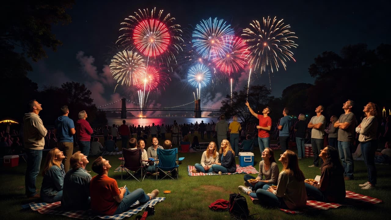A diverse crowd stands on a grassy park lawn under a night sky, watching vibrant explosions of color from a firework display. Deep shadows contrast with the bright, cinematic illumination.