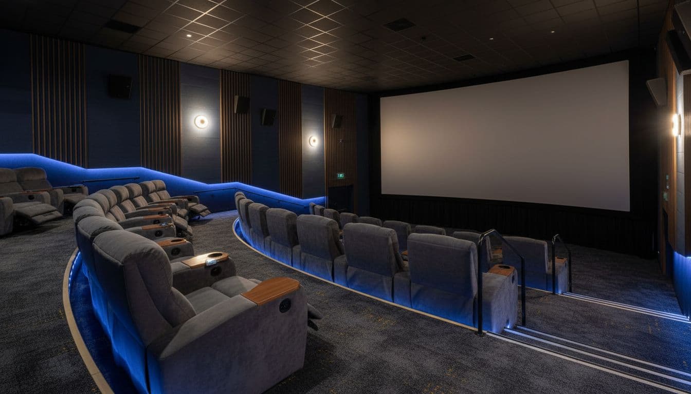 Rows of plush, dark-colored recliner seats are arranged in a tiered layout within a sophisticated private theater. Soft blue floor lighting glows beneath the seats while warm gold wall lights add ambiance.