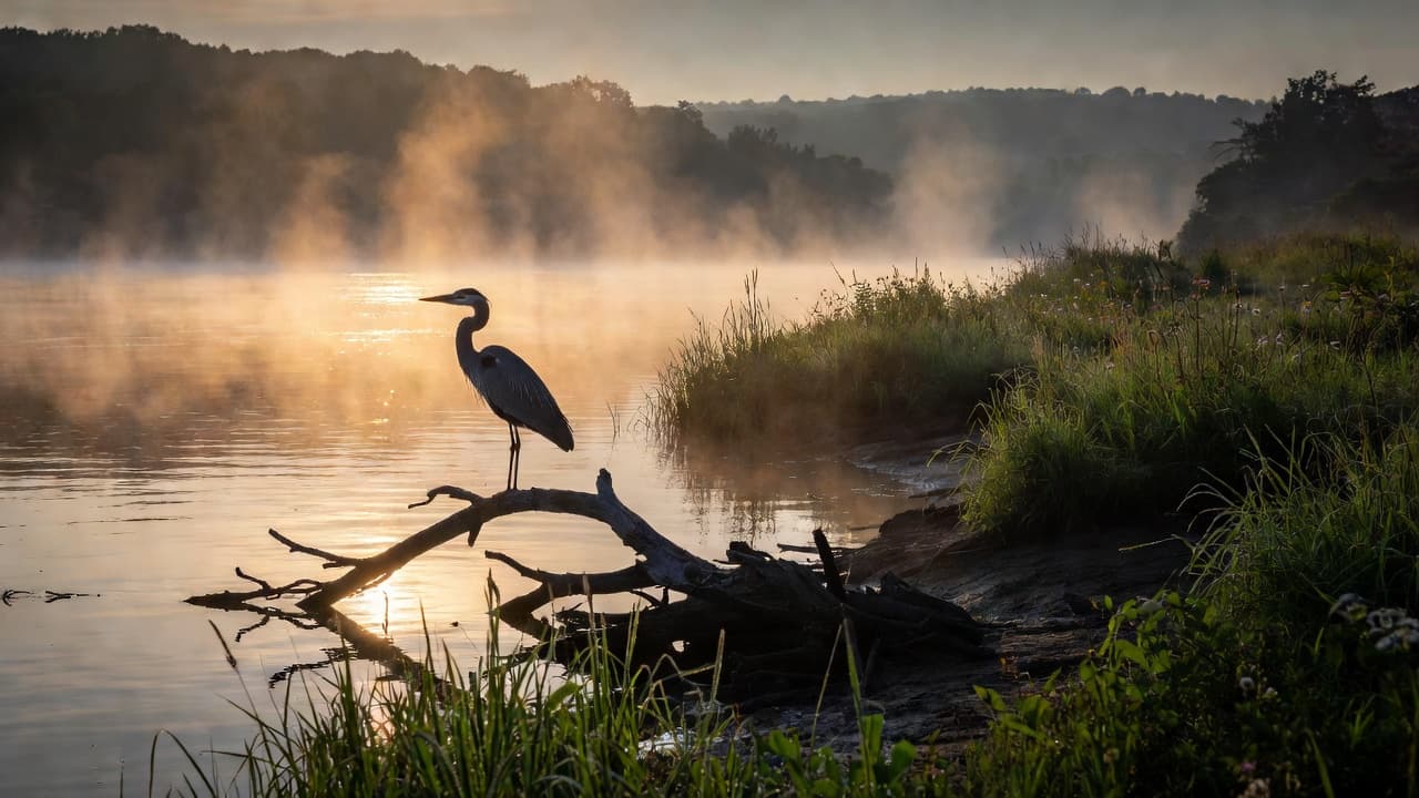A single dark bird rests on a gnarled tree branch overlooking a misty river at sunrise. Soft golden light illuminates the water, creating a dramatic contrast against the cool morning fog.