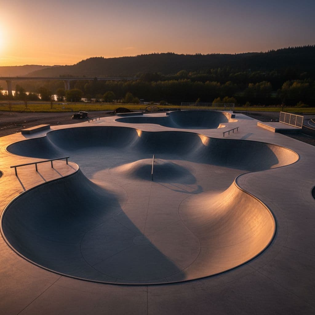Smooth concrete ramps, curved rails, and a deep bowl sit empty under a golden sunset. Dramatic shadows stretch across the park floor, highlighting the textured surfaces and modern architectural design.