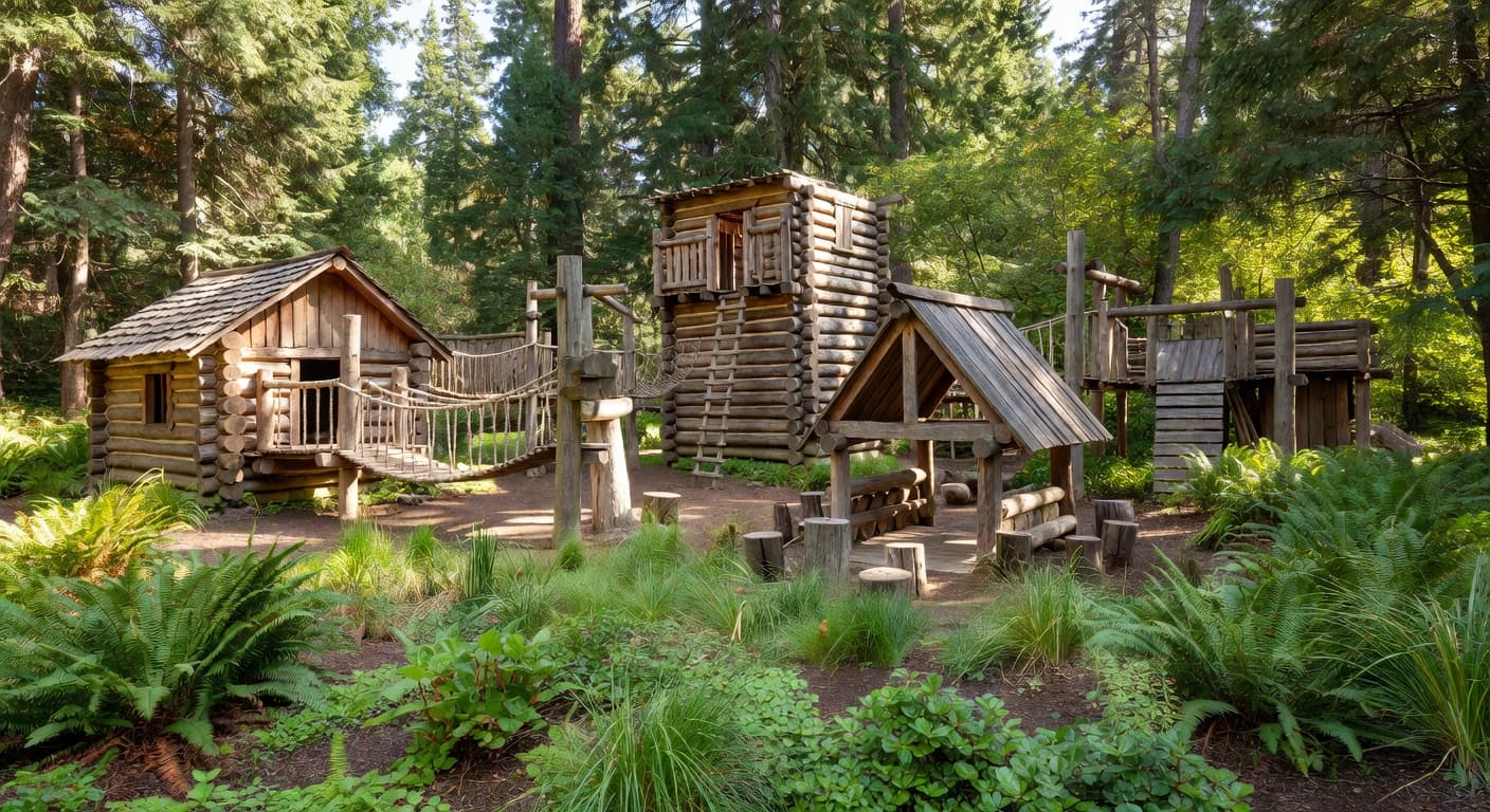 Rustic log cabins and handcrafted wooden climbing frames sit nestled within native lush greenery. Sunlight highlights the weathered texture of the timber beams in this serene outdoor museum discovery area.