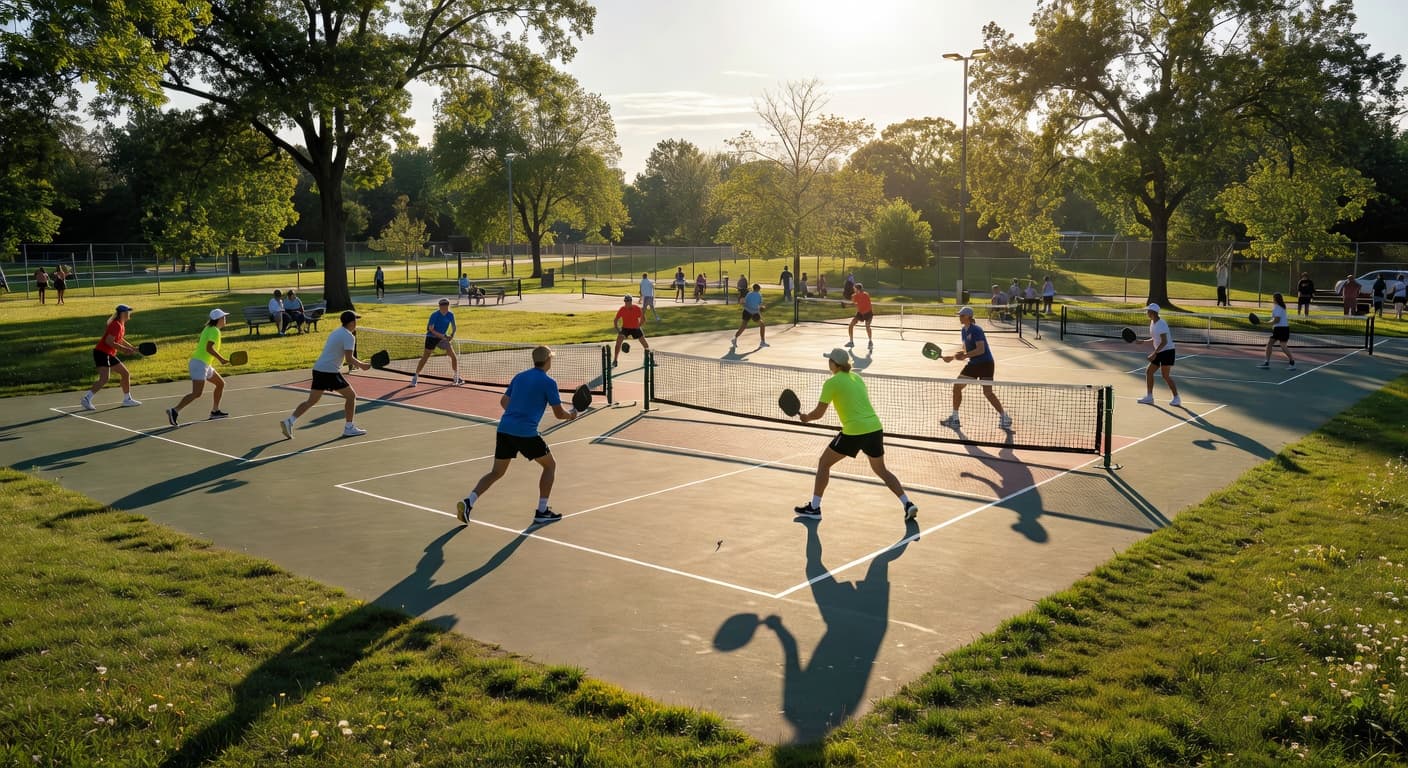 Silhouetted figures engage in a lively pickleball match on blue outdoor courts during a bright afternoon. The scene features high contrast lighting, painted court lines, and green park landscaping nearby.