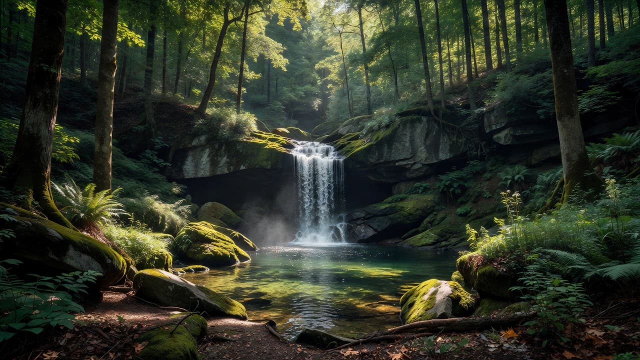 A tranquil waterfall flows over jagged, moss-covered limestone formations into a vibrant, crystal-clear pool. Lush ferns and dense woodland foliage frame the scene, illuminated by soft shafts of natural forest light.