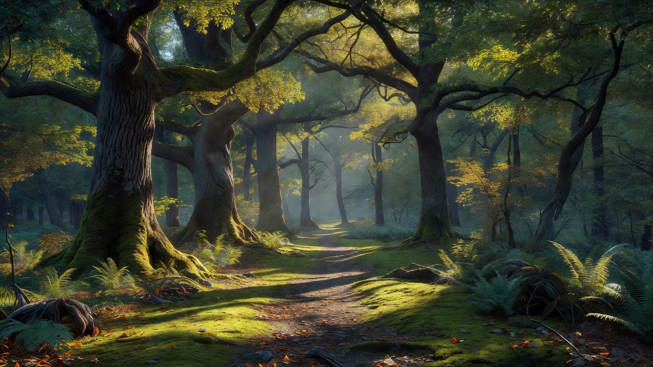 A quiet dirt trail winds through a dense canopy of towering hardwood trees where morning light streams through the leaves. Vibrant green moss covers the forest floor in soft, dappled shadows.