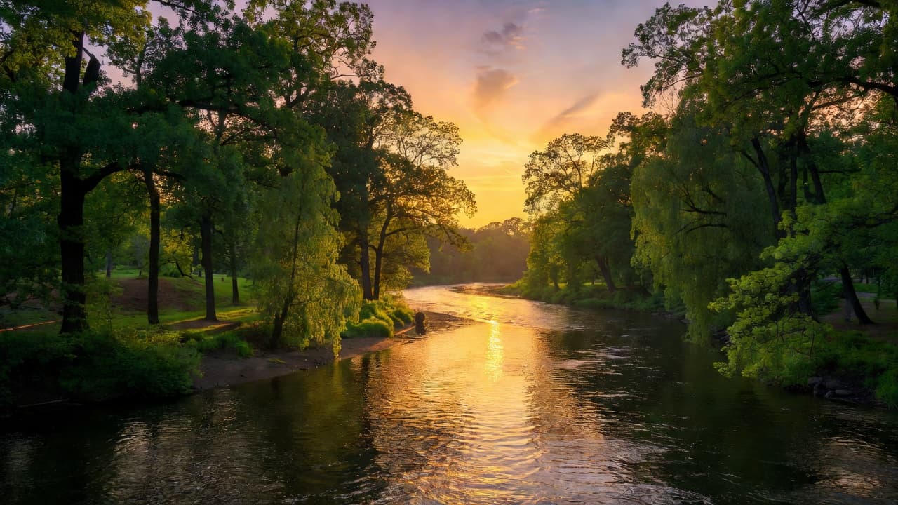 Dark tree silhouettes frame a flowing river reflecting golden sunlight during sunset. Lush greenery lines the banks of the calm waterway, creating a high-contrast natural landscape scene of tranquil wilderness.