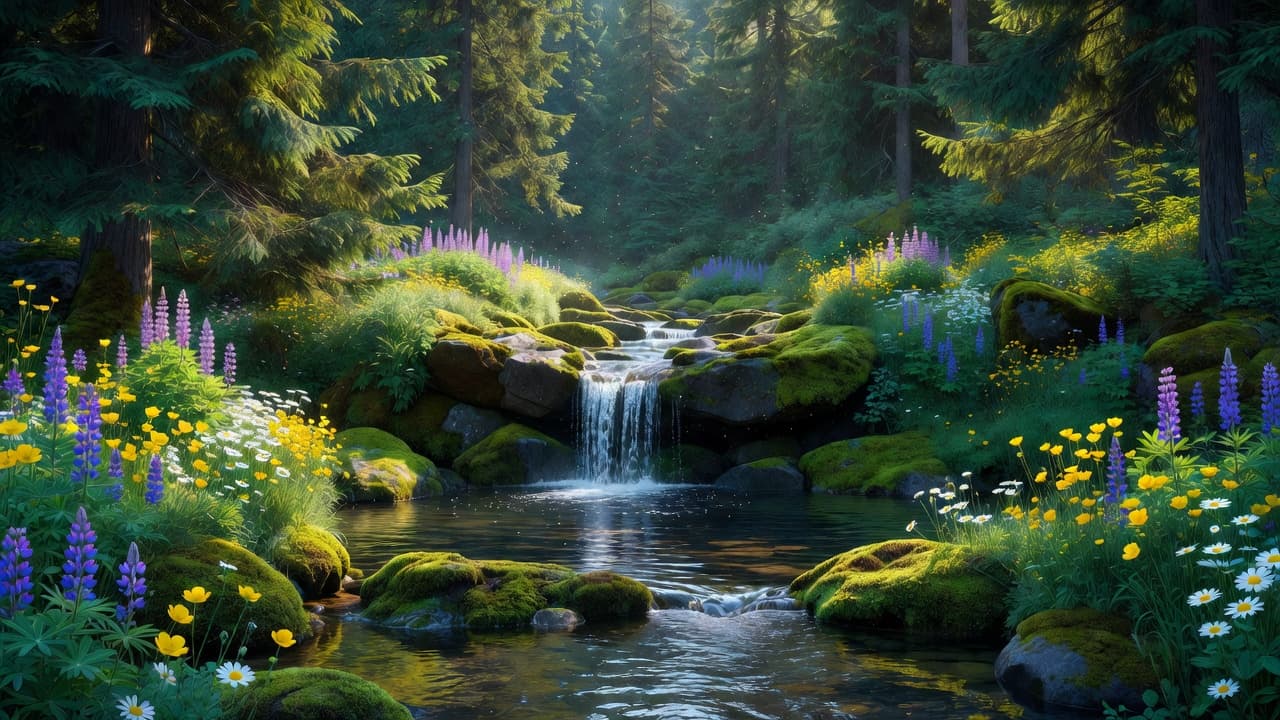 A gentle stream flows over wet mossy rocks to create a small waterfall. Vibrant purple wildflowers bloom along the lush riverbank under the canopy of a dense, sun-dappled forest preserve.