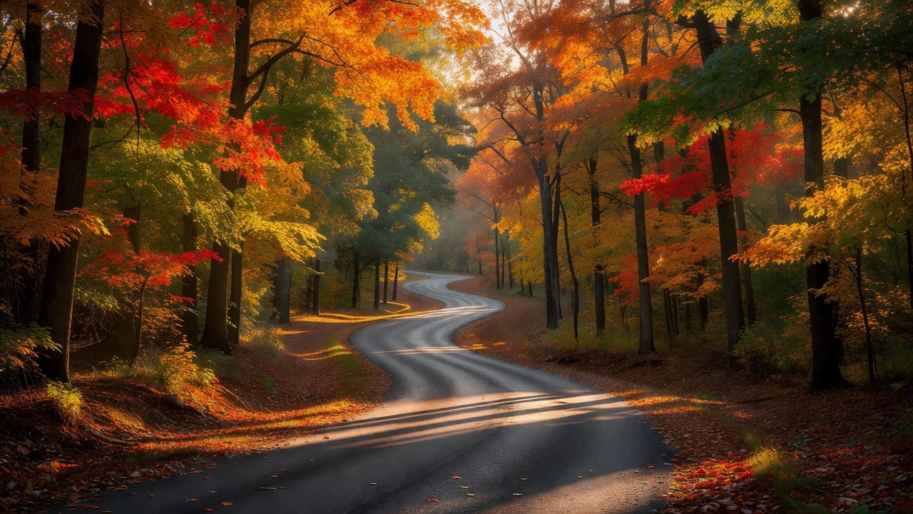 A quiet asphalt road curves through a dense Kentucky forest during the fall. Vibrant red, orange, and yellow maple leaves shimmer under warm golden hour sunlight, creating long shadows and deep contrast.