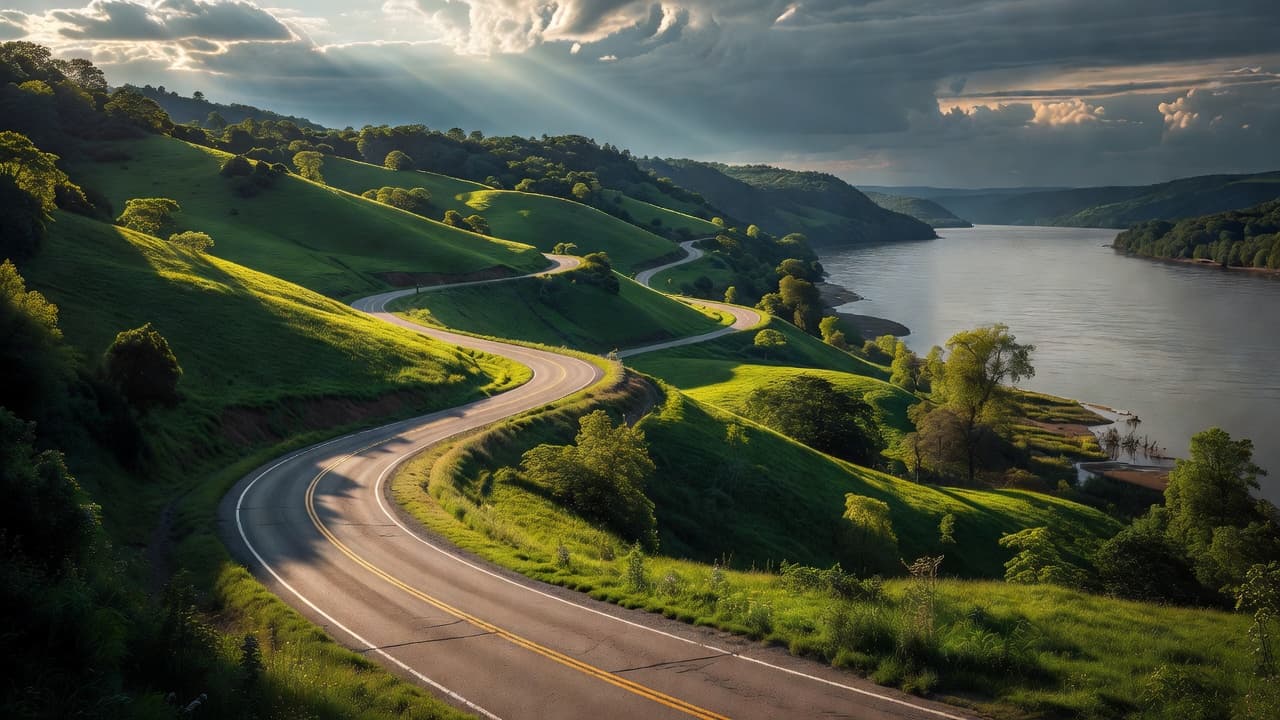 A paved path snakes along the edge of a wide river flowing through vibrant green rolling hills. Golden sunlight highlights the ridges of the distant landscape under a dramatic sky.