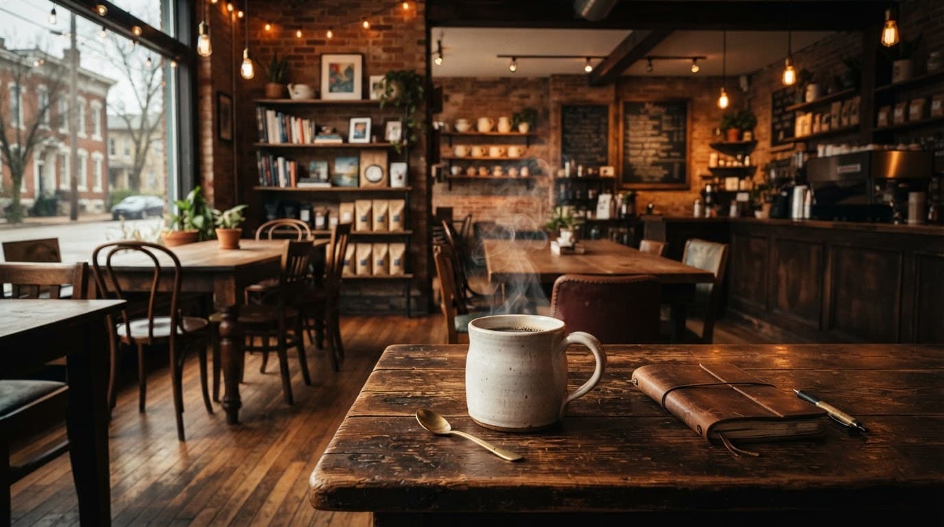 A steaming mug on a wooden table inside a warmly lit cafe.