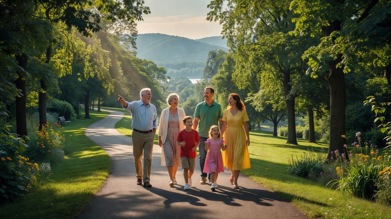 Grandparents, parents, and two children walking together on a sunlit path in a lush green park.